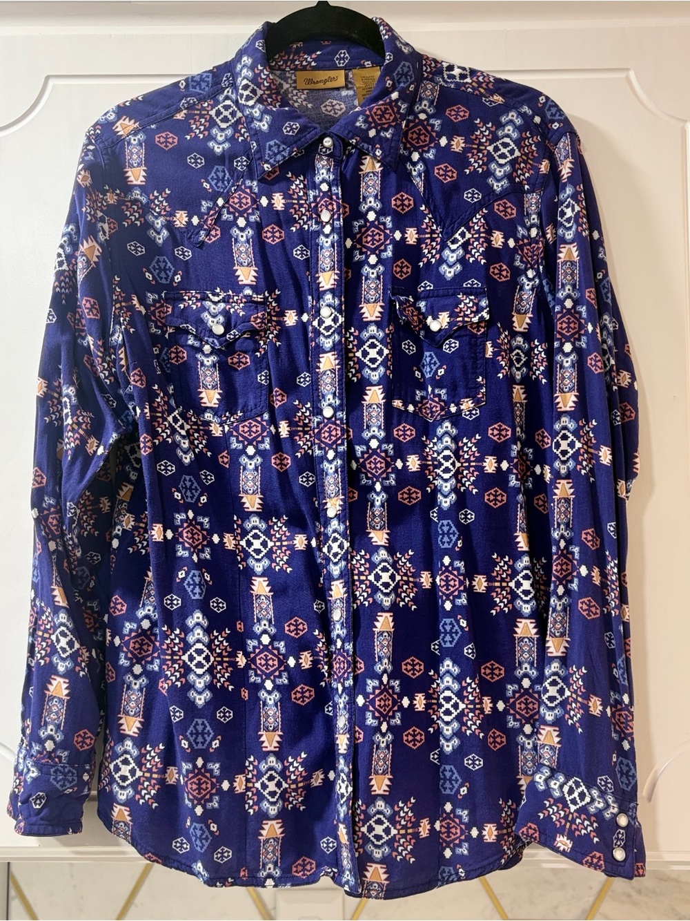 Wrangler Rayon Southwestern Aztec Pearl Snap Western Shirt Blue Large